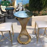 luxury stainless steel metal wire cocktail gold plating glass top high bar table